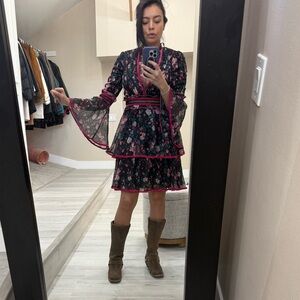 Tadashi Shoji Floral Black and Pink Dress with Bell Sleeves GUC/like new sz. 4